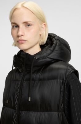 Water-repellent parka jacket with detachable sleeves and trim, Black