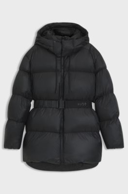 Water-repellent padded jacket with detachable belt and hood, Black