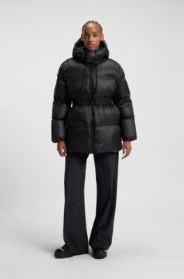 Water-repellent padded jacket with detachable belt and hood, Black