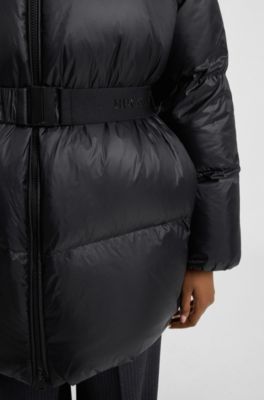 Water-repellent padded jacket with detachable belt and hood, Black