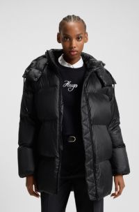 Veste déperlante matelassée à capuche et ceinture amovibles, Noir