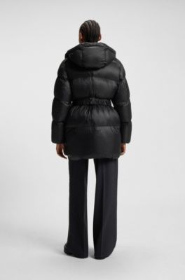 Water-repellent padded jacket with detachable belt and hood, Black