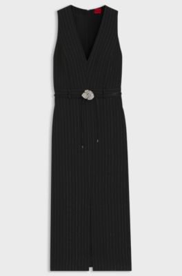 Sparkly-pinstripe dress with rhinestone-flower belt, Black Patterned