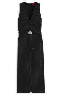 Sparkly-pinstripe dress with rhinestone-flower belt, Black Patterned