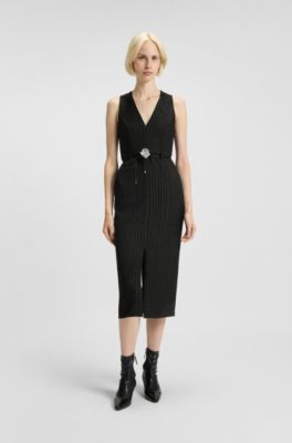 Sparkly-pinstripe dress with rhinestone-flower belt, Black Patterned