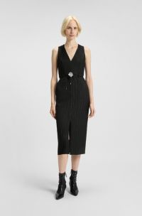 Schimmerndes Nadelstreifen-Kleid mit Gürtel mit Strass-Blume, Schwarz gemustert