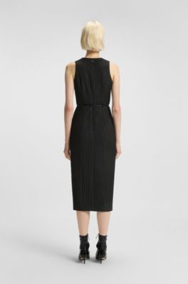Sparkly-pinstripe dress with rhinestone-flower belt, Black Patterned
