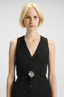 Sparkly-pinstripe dress with rhinestone-flower belt, Black Patterned