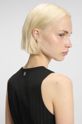 Sparkly-pinstripe dress with rhinestone-flower belt, Black Patterned