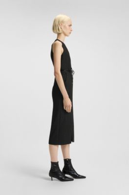 Sparkly-pinstripe dress with rhinestone-flower belt, Black Patterned