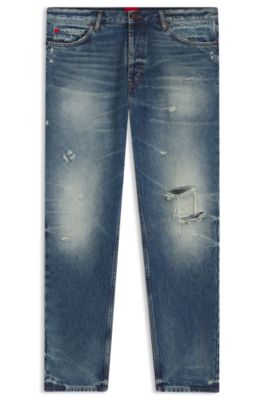 Tapered-fit jeans in distressed blue denim, Blue