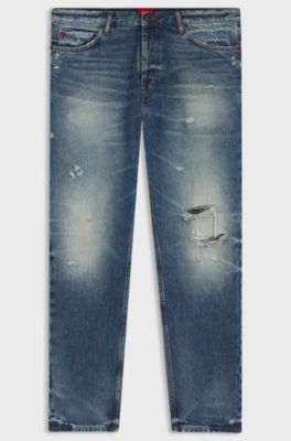 Tapered-fit jeans in distressed blue denim, Blue