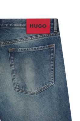 Tapered-fit jeans in distressed blue denim, Blue