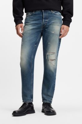 Tapered-fit jeans in distressed blue denim, Blue