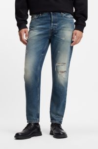 Jean Tapered en denim usé bleu, Bleu