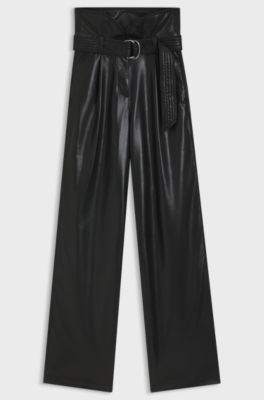Straight-leg trousers in faux leather with belt, Black