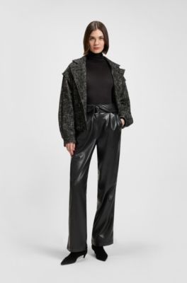 Straight-leg trousers in faux leather with belt, Black