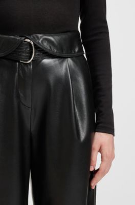 Straight-leg trousers in faux leather with belt, Black