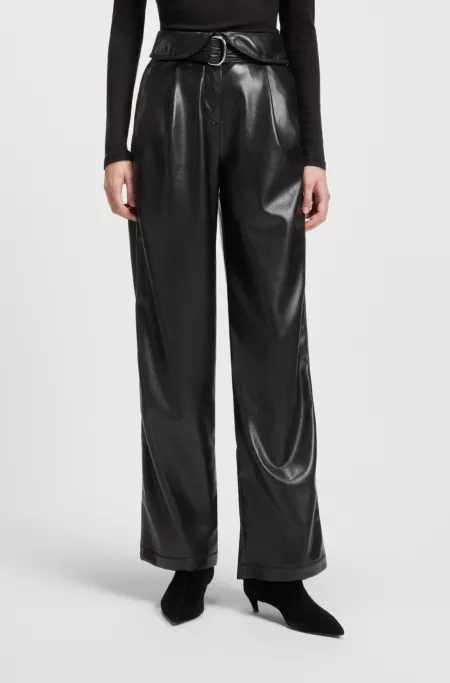 Straight-leg trousers in faux leather with belt