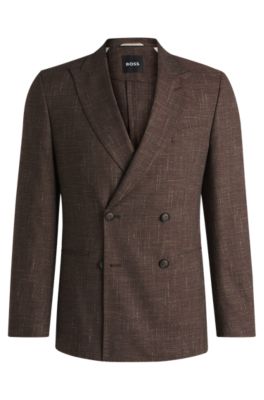 Double-breasted jacket in stretch tweed, Dark Brown