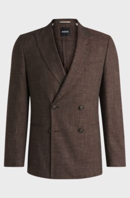 Double-breasted jacket in stretch tweed, Dark Brown