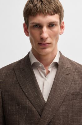 Double-breasted jacket in stretch tweed, Dark Brown
