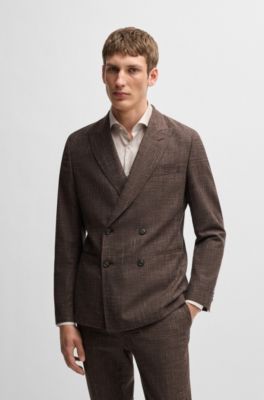 Double-breasted jacket in stretch tweed, Dark Brown