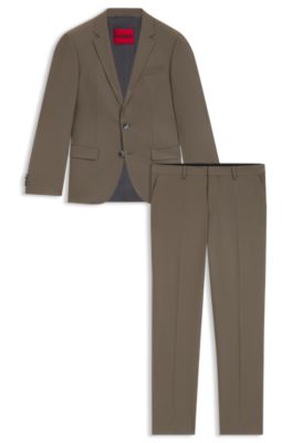 Two-piece slim-fit suit in wool-blend poplin, Brown