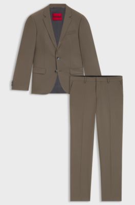Two-piece slim-fit suit in wool-blend poplin, Brown