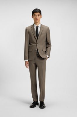 Two-piece slim-fit suit in wool-blend poplin, Brown