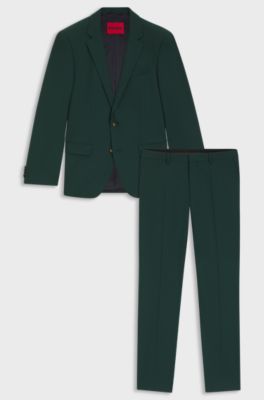 Two-piece slim-fit suit in wool-blend poplin, Dark Green