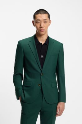 Two-piece slim-fit suit in wool-blend poplin, Dark Green