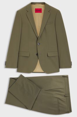 Two-piece slim-fit suit in wool-blend poplin, Khaki