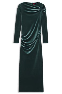 Slim-fit dress in stretch velvet, Dark Green