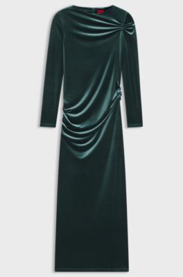 Slim-fit dress in stretch velvet, Dark Green
