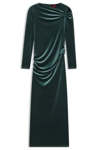 Slim-fit dress in stretch velvet, Dark Green