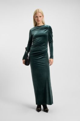 Slim-fit dress in stretch velvet, Dark Green