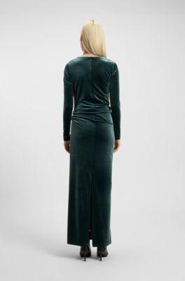 Slim-fit dress in stretch velvet, Dark Green