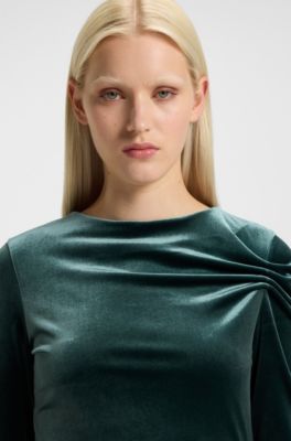 Slim-fit dress in stretch velvet, Dark Green