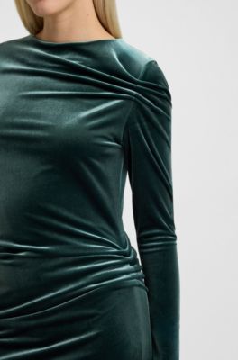 Slim-fit dress in stretch velvet, Dark Green