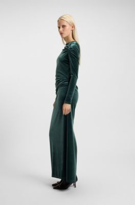 Slim-fit dress in stretch velvet, Dark Green