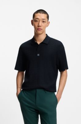Relaxed-fit polo shirt with jacquard pattern, Black