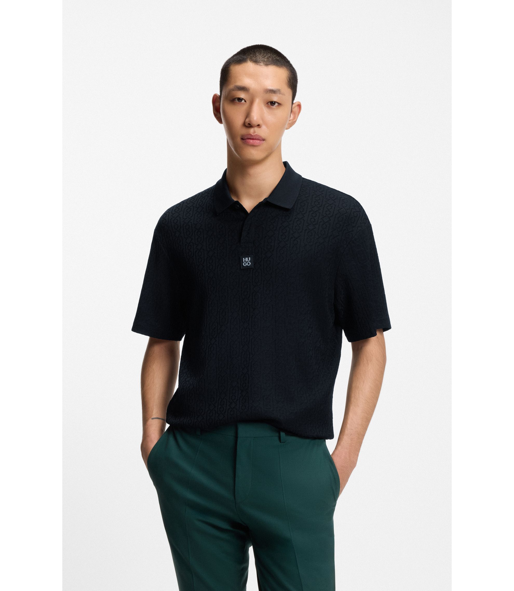 HUGO - Relaxed-fit polo shirt with jacquard pattern - Black