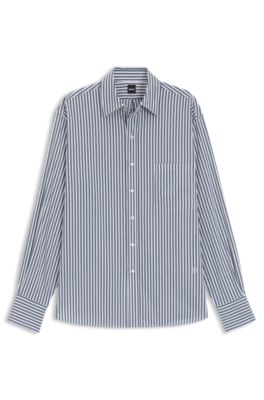 Cotton-blend blouse with vertical stripes, Blue