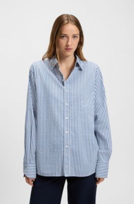 Cotton-blend blouse with vertical stripes, Blue
