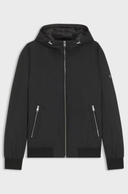 Water-repellent hooded bomber jacket with down filling, Black