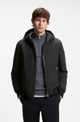 Water-repellent hooded bomber jacket with down filling, Black