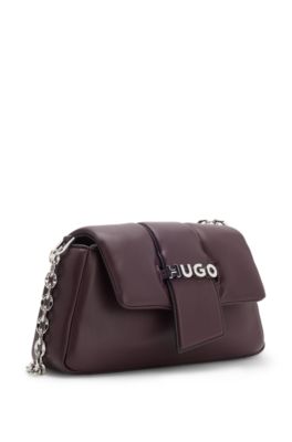 Chain-handle shoulder bag with logo closure, Dark Brown