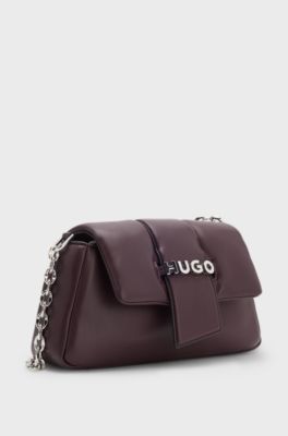 Chain-handle shoulder bag with logo closure, Dark Brown