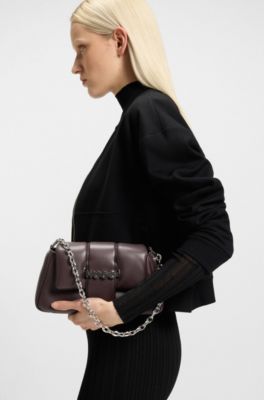 Chain-handle shoulder bag with logo closure, Dark Brown